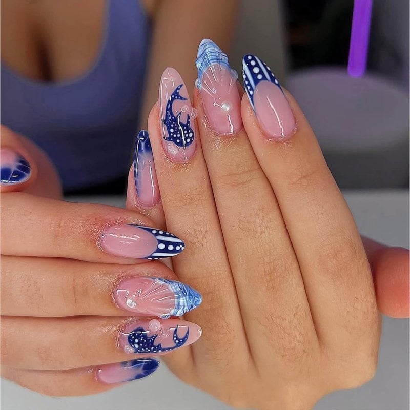 Marine Motifs Long Almond Nails Marine Motifs Long Almond Nails — Ocean Nails