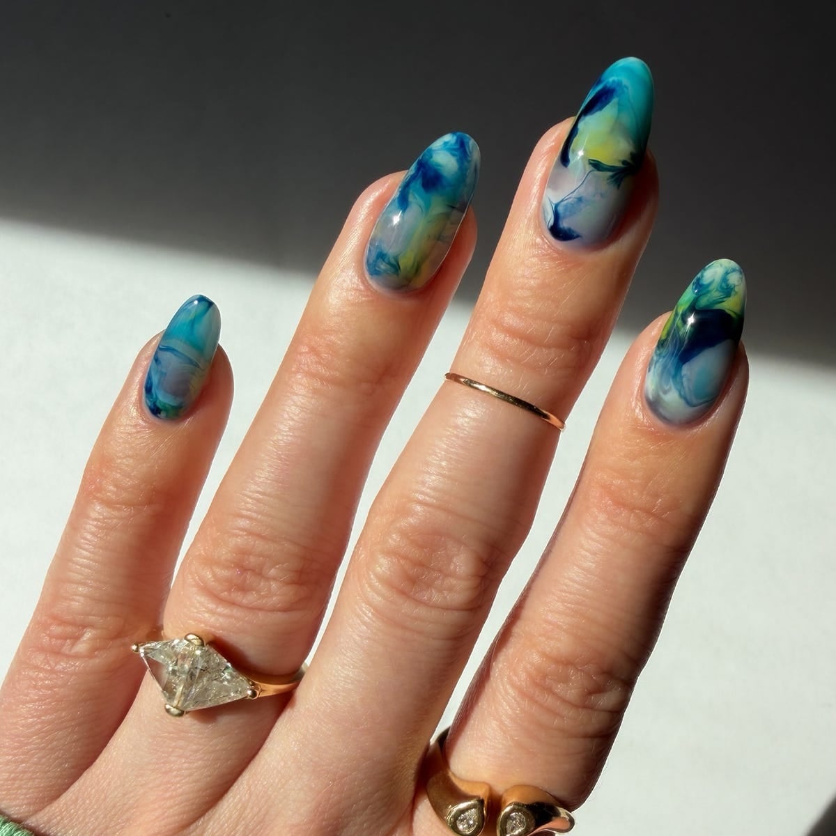 Blue Green Yellow White Marble Long Almond Nails Blue Green Yellow White Marble Long Almond Nails — Ocean Nails