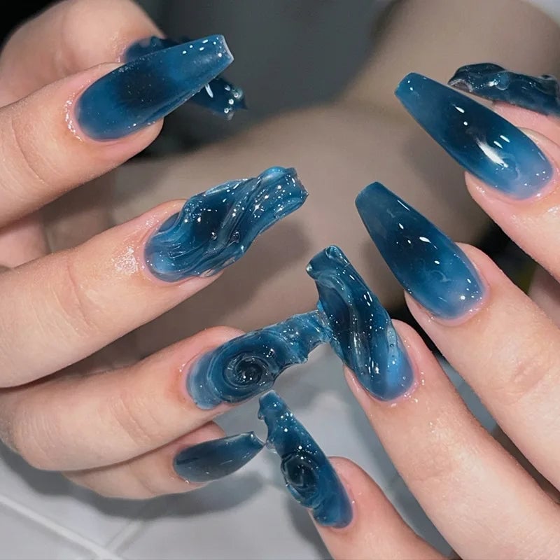 Sculpted 3D Water Effect Long Coffin Nails Sculpted 3D Water Effect Long Coffin Nails — Ocean Nails