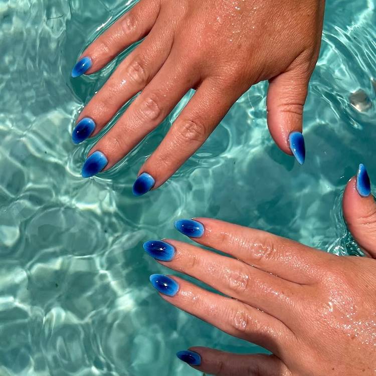 Striking Blue Ombre Medium Oval Nails Striking Blue Ombre Medium Oval Nails — Ocean Nails