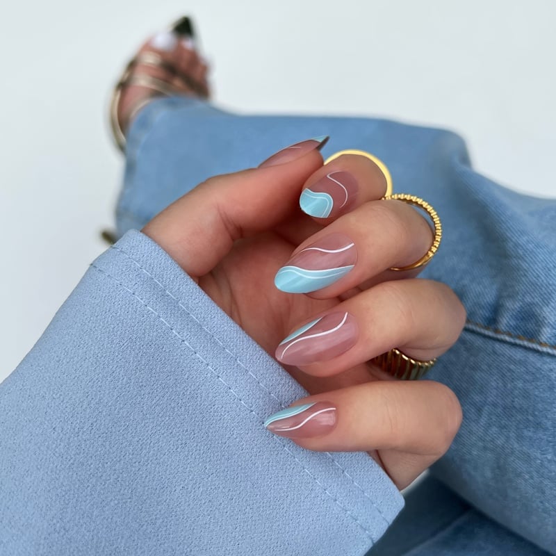 Wave Line Art Medium Almond Nails Wave Line Art Medium Almond Nails — Ocean Nails