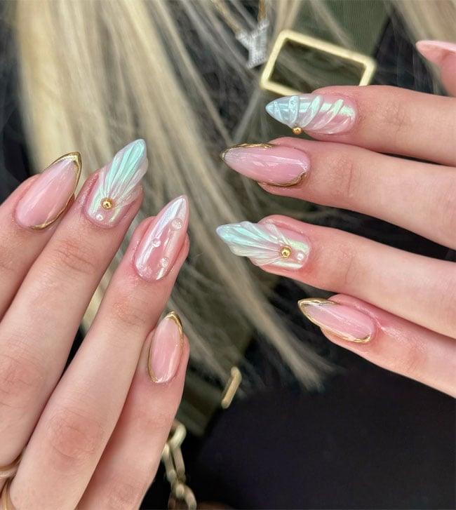 Gold French Tip Iridescent Shell Medium Almond Nails Gold French Tip Iridescent Shell Medium Almond Nails — Ocean Nails