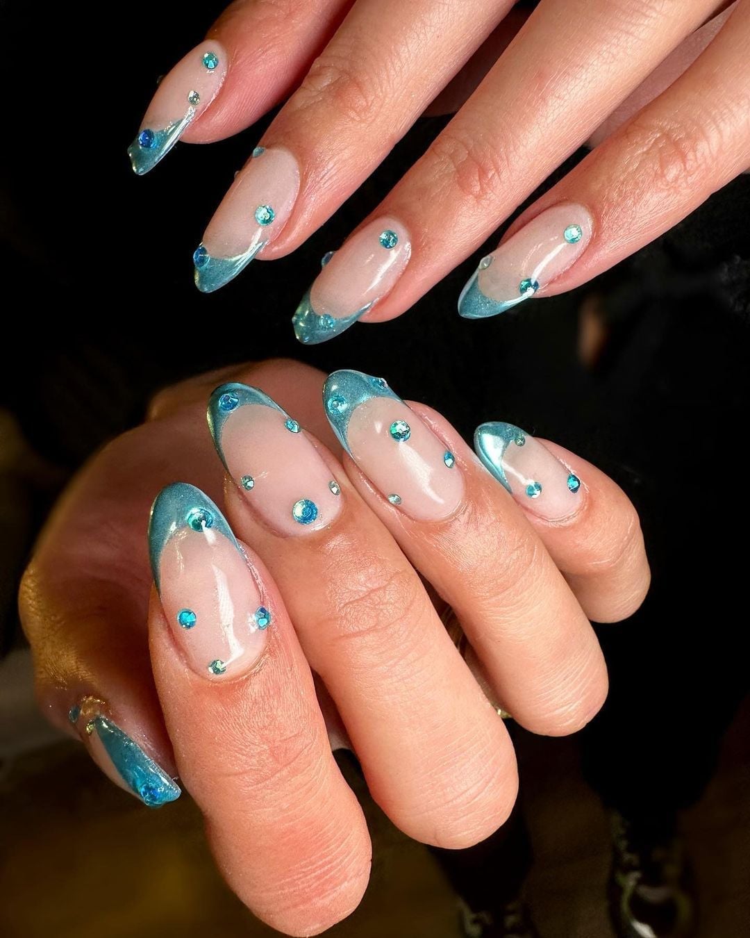 Opaque Light Blue French Glitter Medium Almond Nails Opaque Light Blue French Glitter Medium Almond Nails — Ocean Nails
