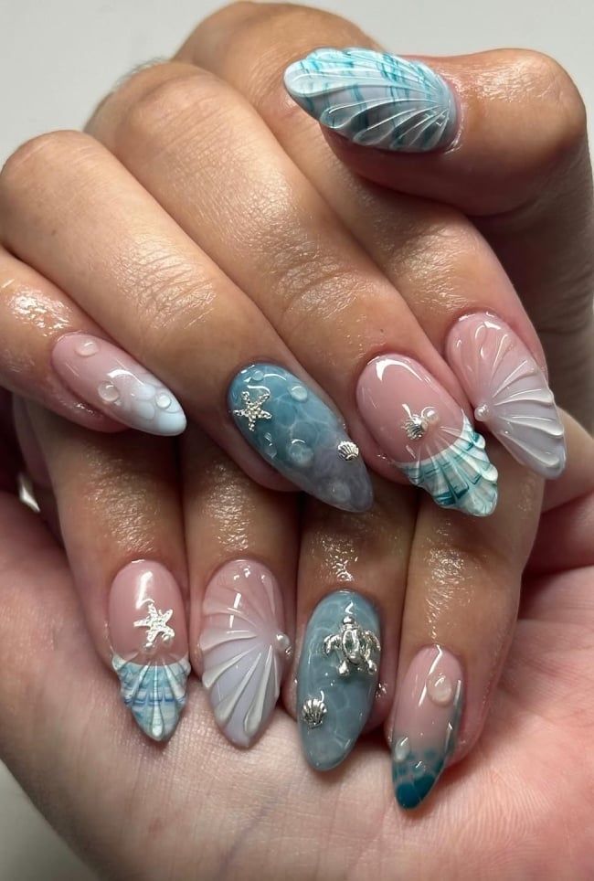 3D Shell Starfish Turtle Medium Almond Nails 3D Shell Starfish Turtle Medium Almond Nails — Ocean Nails