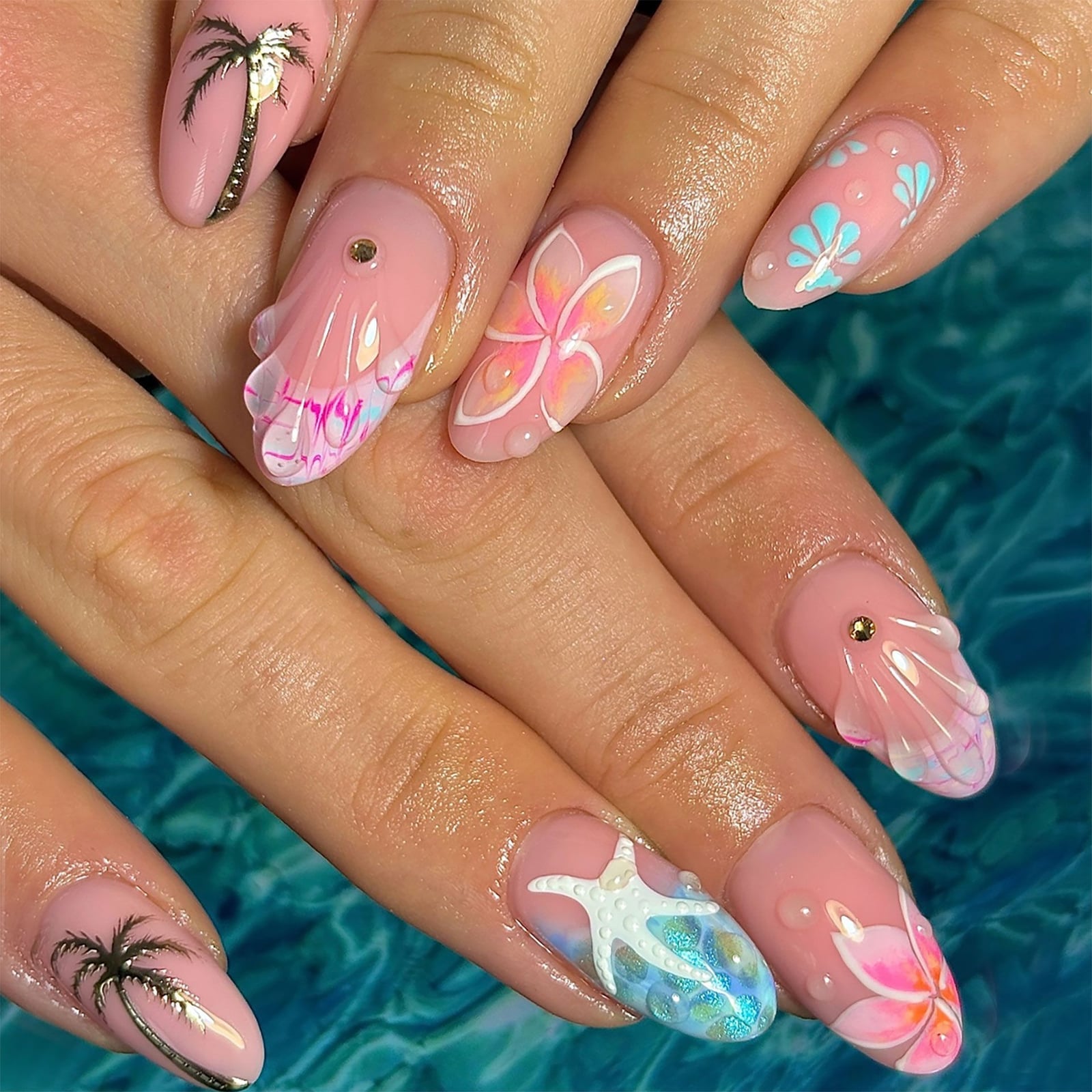 3D Tropical Designs Medium Almond Nails 3D Tropical Designs Medium Almond Nails — Ocean Nails