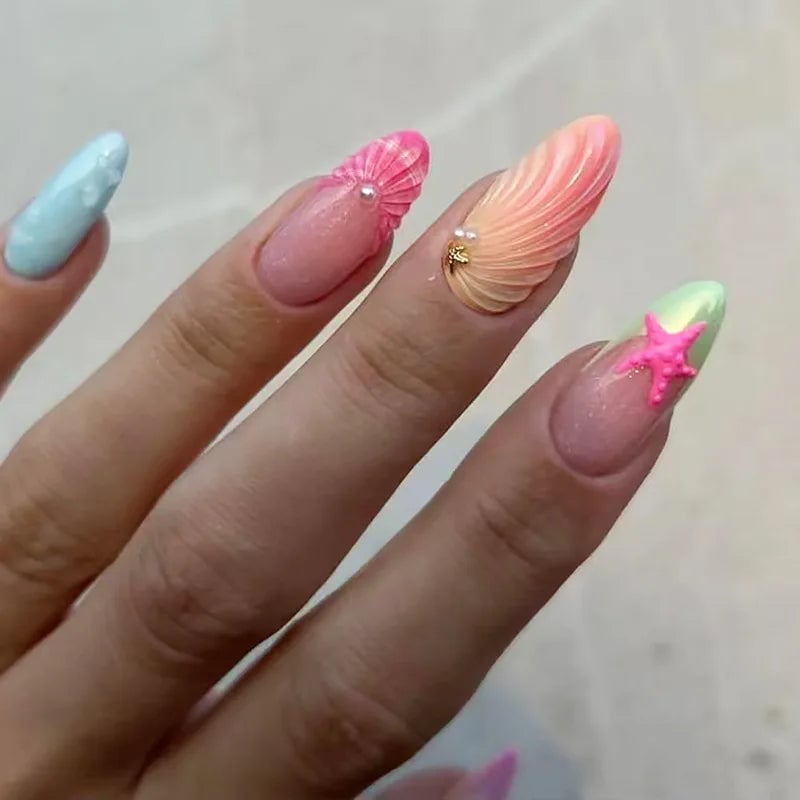 3D Seashell and Starfish Iridescent Pink Almond Nails 3D Seashell and Starfish Iridescent Pink Almond Nails — Ocean Nails