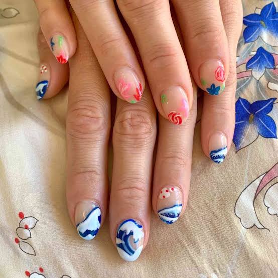 Blue Wave and Floral Short Oval Nails Blue Wave and Floral Short Oval Nails — Ocean Nails