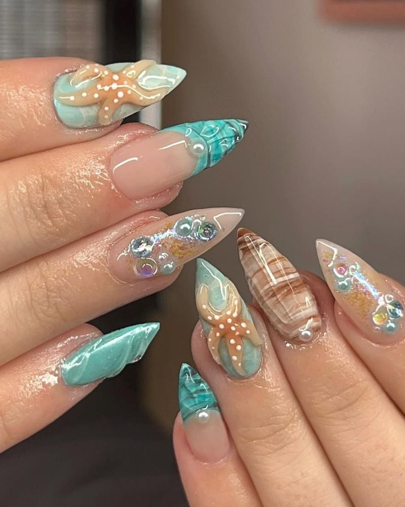3D Starfish and Marble Long Stiletto Nails 3D Starfish and Marble Long Stiletto Nails — Ocean Nails