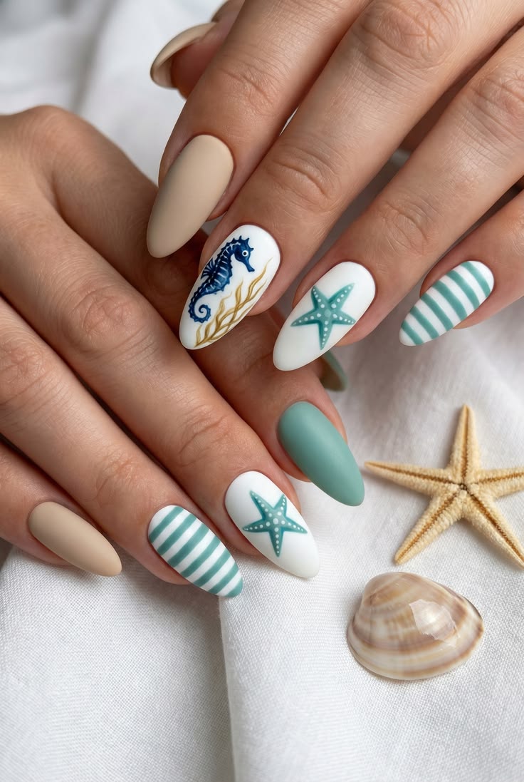 Matte and Glossy Seahorse Medium Almond Nails Matte and Glossy Seahorse Medium Almond Nails — Ocean Nails