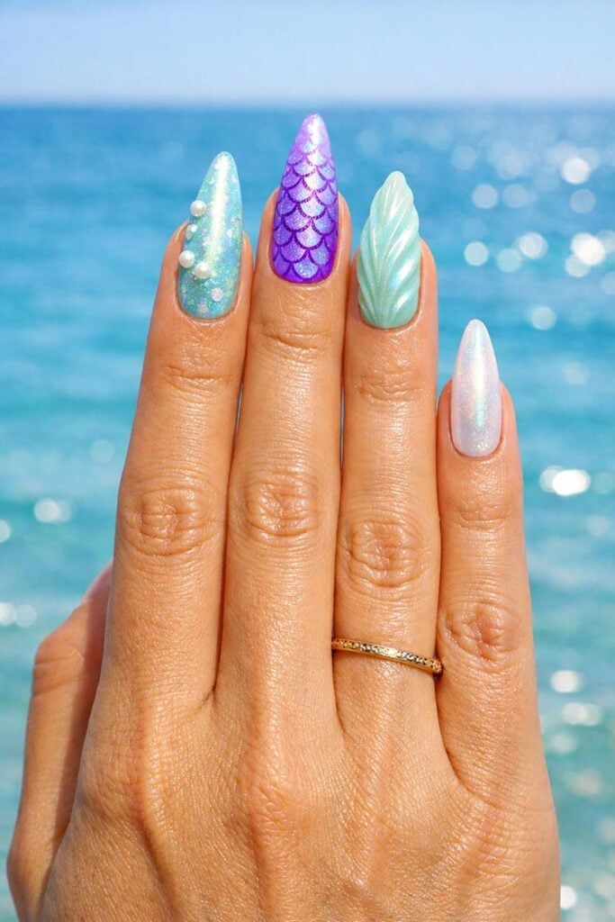 Pearl and Mermaid Scale Long Stiletto Nails Pearl and Mermaid Scale Long Stiletto Nails — Ocean Nails