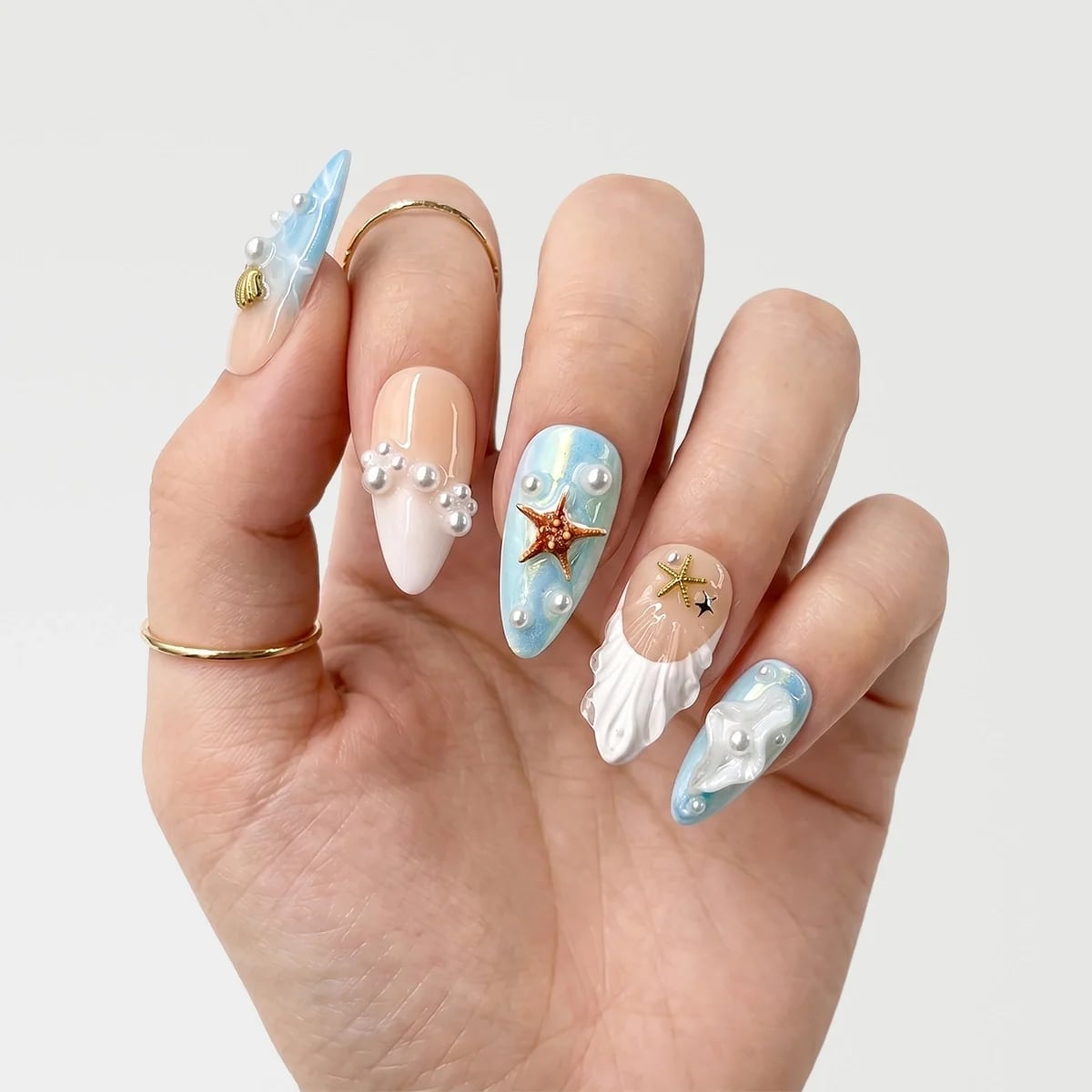 3D Shell and Pearl Long Almond Nails 3D Shell and Pearl Long Almond Nails — Ocean Nails