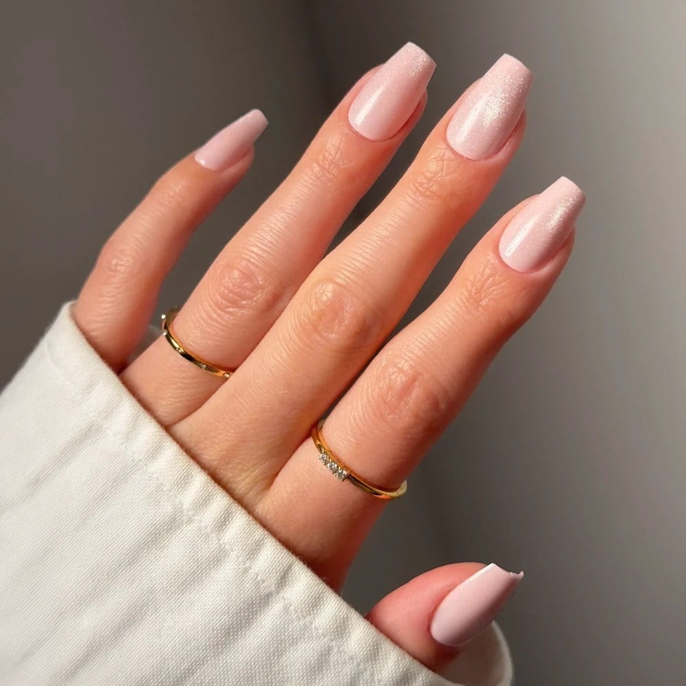 Shimmer Pale Pink White Tip Medium Square Nails Shimmer Pale Pink White Tip Medium Square Nails — Office Nails