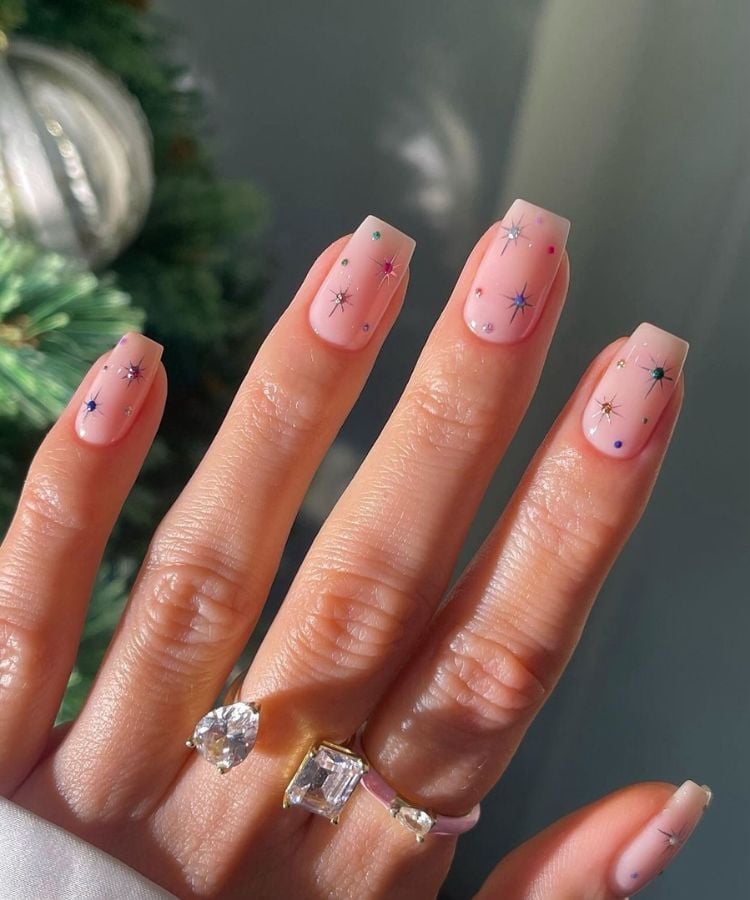 Star and Dot Decals Sheer Pink Short Square Nails Star and Dot Decals Sheer Pink Short Square Nails — Office Nails