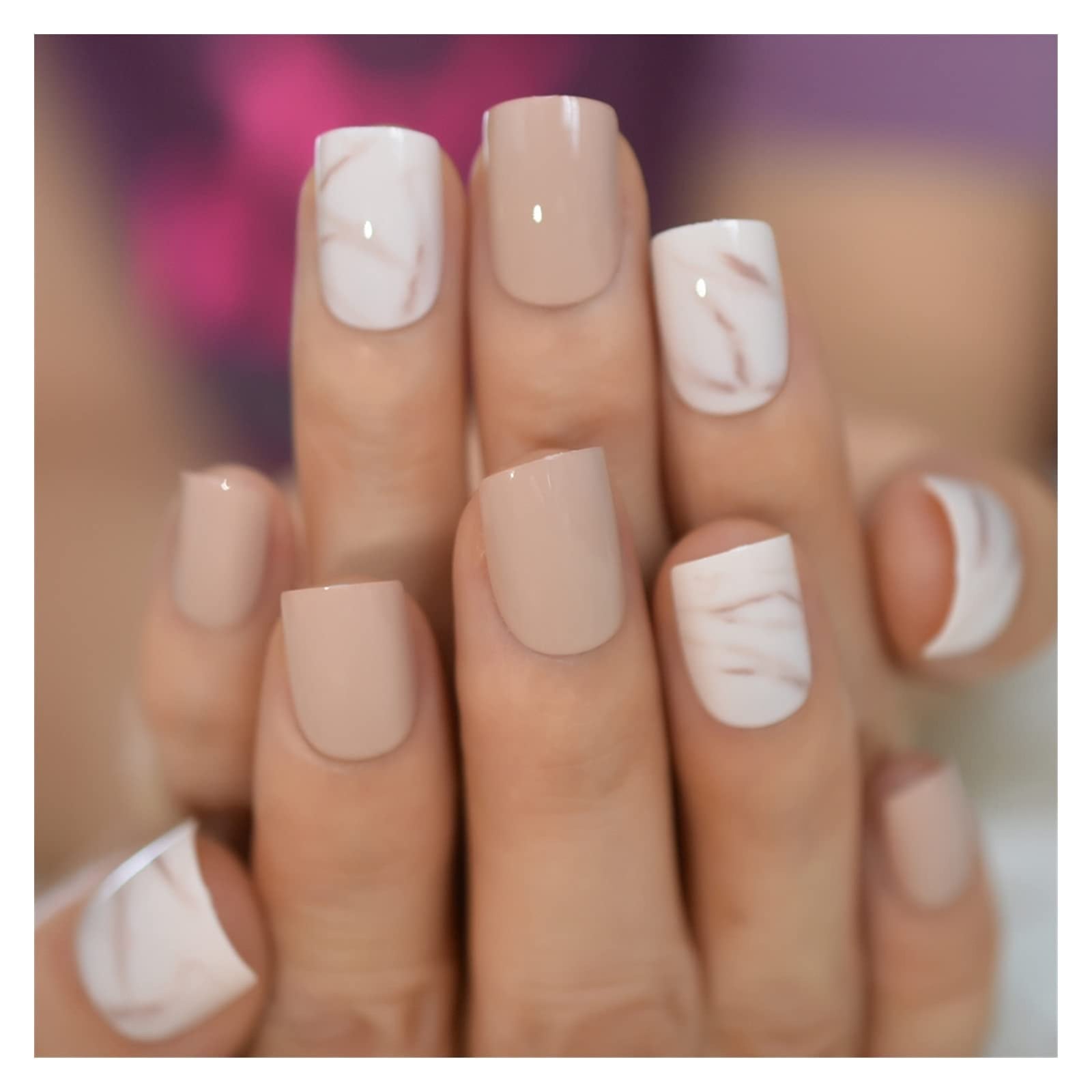 Marble Accent Nude White Beige Short Square Nails Marble Accent Nude White Beige Short Square Nails — Office Nails