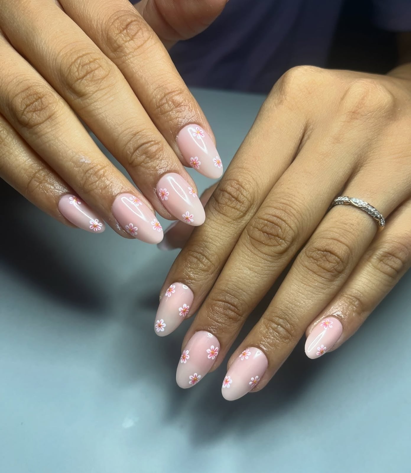 Pink Floral Gradient Medium Almond Nails Pink Floral Gradient Medium Almond Nails — Office Nails