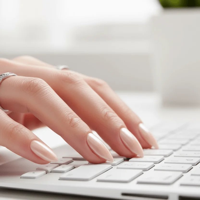 Pale Peach Pearlescent Medium Almond Nails Pale Peach Pearlescent Medium Almond Nails — Office Nails