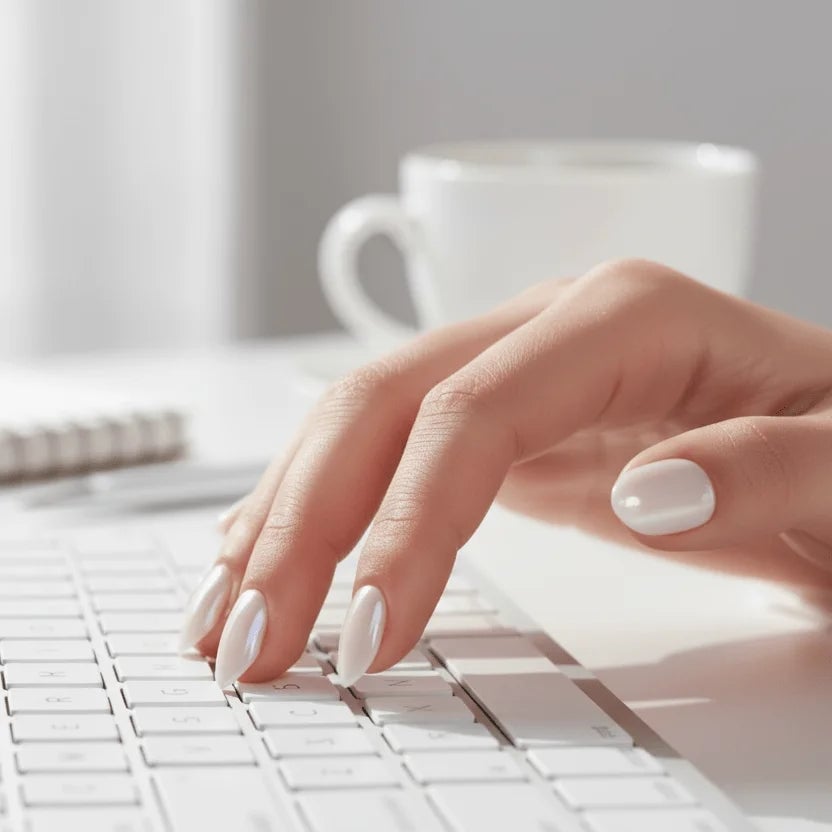 Milky White Pearlescent Medium Almond Nails Milky White Pearlescent Medium Almond Nails — Office Nails