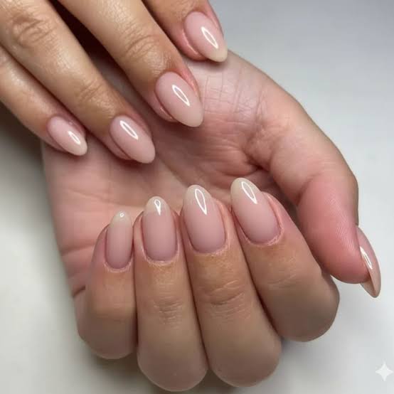Sheer Nude Glossy Medium Almond Nails Sheer Nude Glossy Medium Almond Nails — Office Nails
