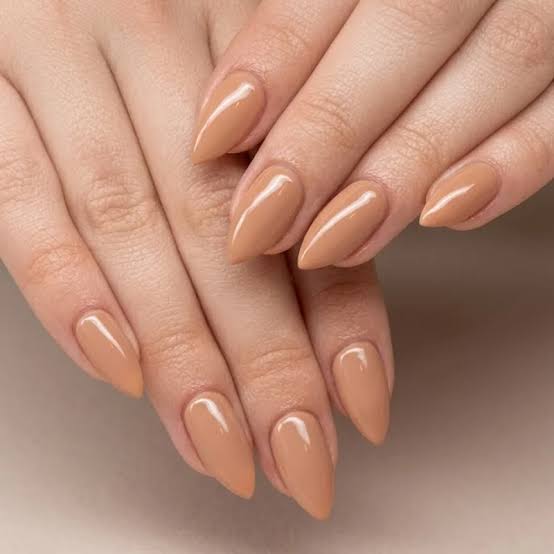 Neutral Tan Glossy Medium Almond Nails Neutral Tan Glossy Medium Almond Nails — Office Nails