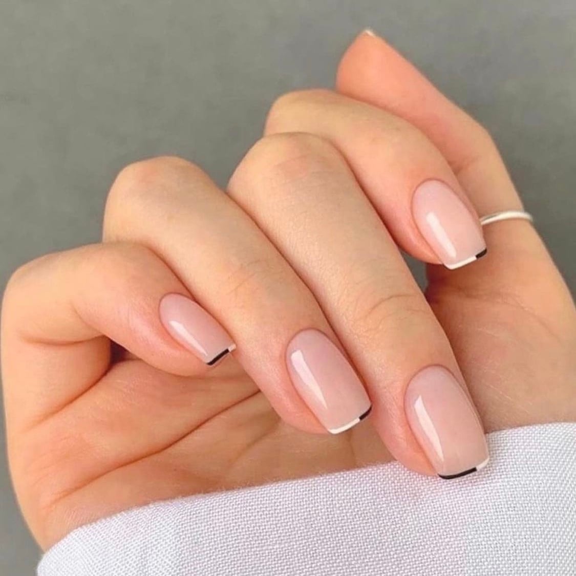 Black and White Micro French Soft Square Nails Black and White Micro French Soft Square Nails — Office Nails