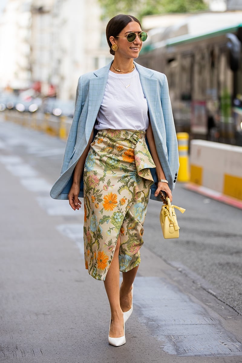 Light Blue Blazer with Floral Midi Skirt, White Pointed-Toe Heels Light Blue Blazer with Floral Midi Skirt, White Pointed-Toe Heels — Office Outfits