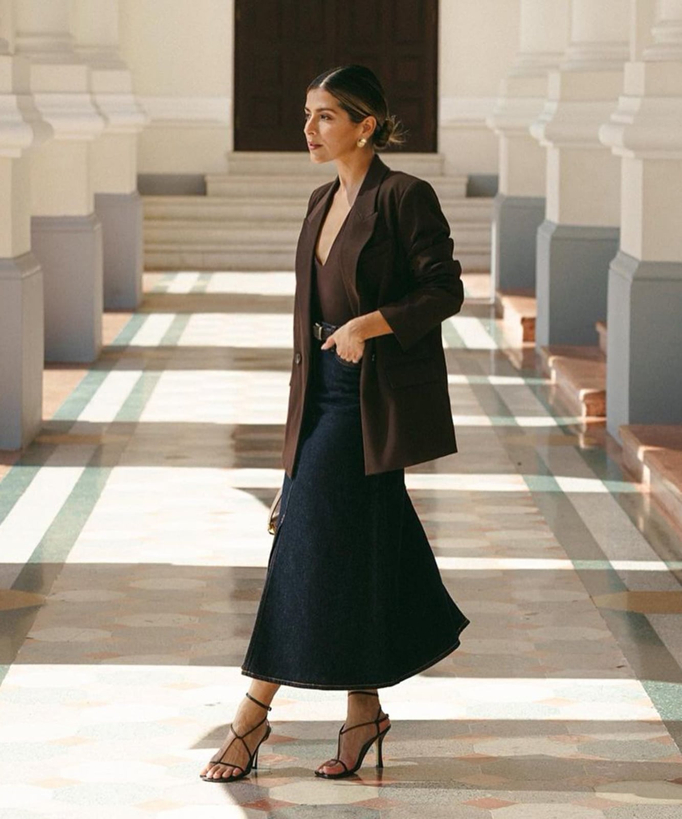 Brown Blazer with Denim Midi Skirt, Strappy Heeled Sandals Brown Blazer with Denim Midi Skirt, Strappy Heeled Sandals — Office Outfits