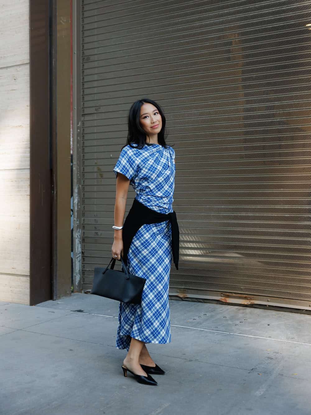 Plaid Midi Dress with Tie Waist, Black Kitten Heel Mules Plaid Midi Dress with Tie Waist, Black Kitten Heel Mules — Office Outfits