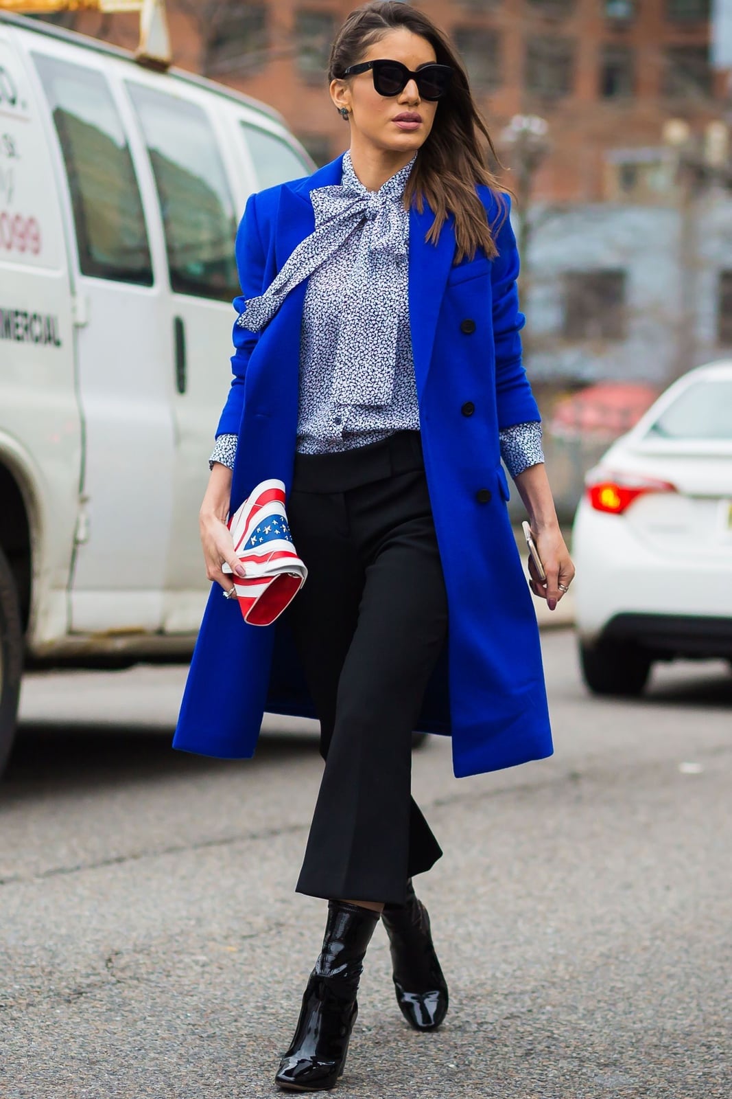 Royal Blue Coat with Cropped Trousers, Close-Up Take Royal Blue Coat with Cropped Trousers, Close-Up Take — Office Outfits