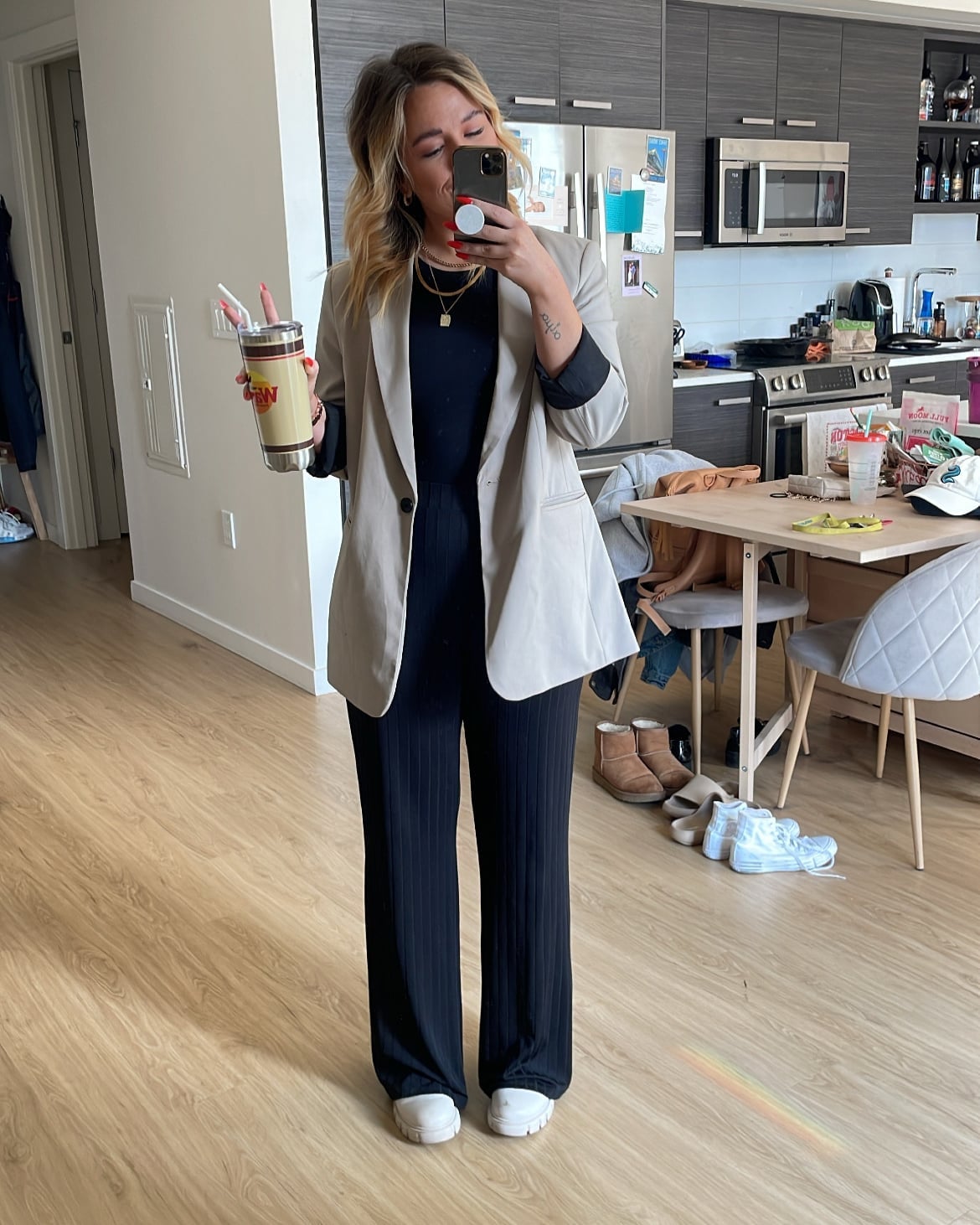 Beige Blazer over Black Knit Jumpsuit, Wide Leg Trousers Beige Blazer over Black Knit Jumpsuit, Wide Leg Trousers — Office Outfits