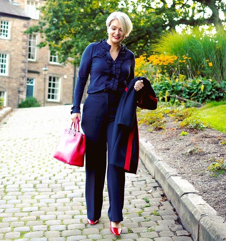 Navy Ruffled Cardigan with Red Accents, Straight Leg Trousers Navy Ruffled Cardigan with Red Accents, Straight Leg Trousers — Office Outfits
