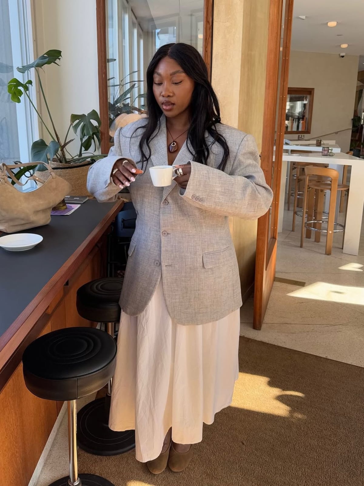 Oversized Linen Blazer with White Midi Dress Oversized Linen Blazer with White Midi Dress — Office Outfits