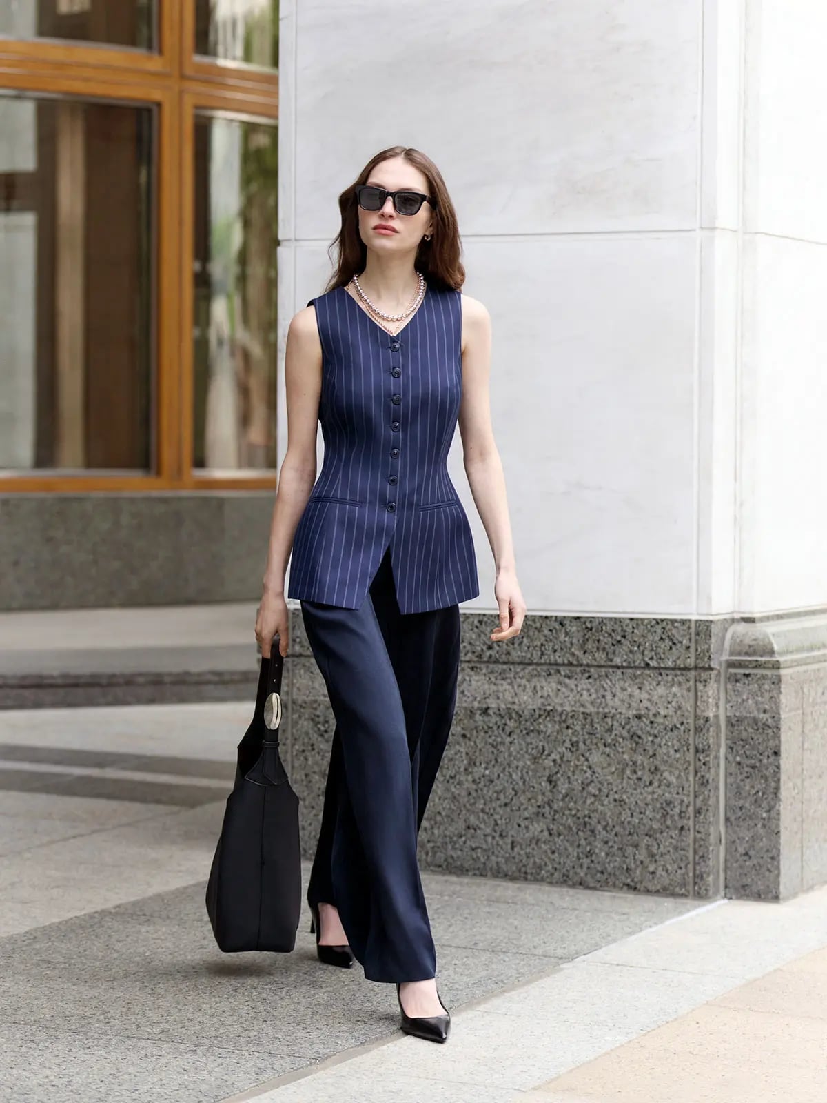 Navy Pinstripe Vest with Wide-Leg Trousers Navy Pinstripe Vest with Wide-Leg Trousers — Office Outfits