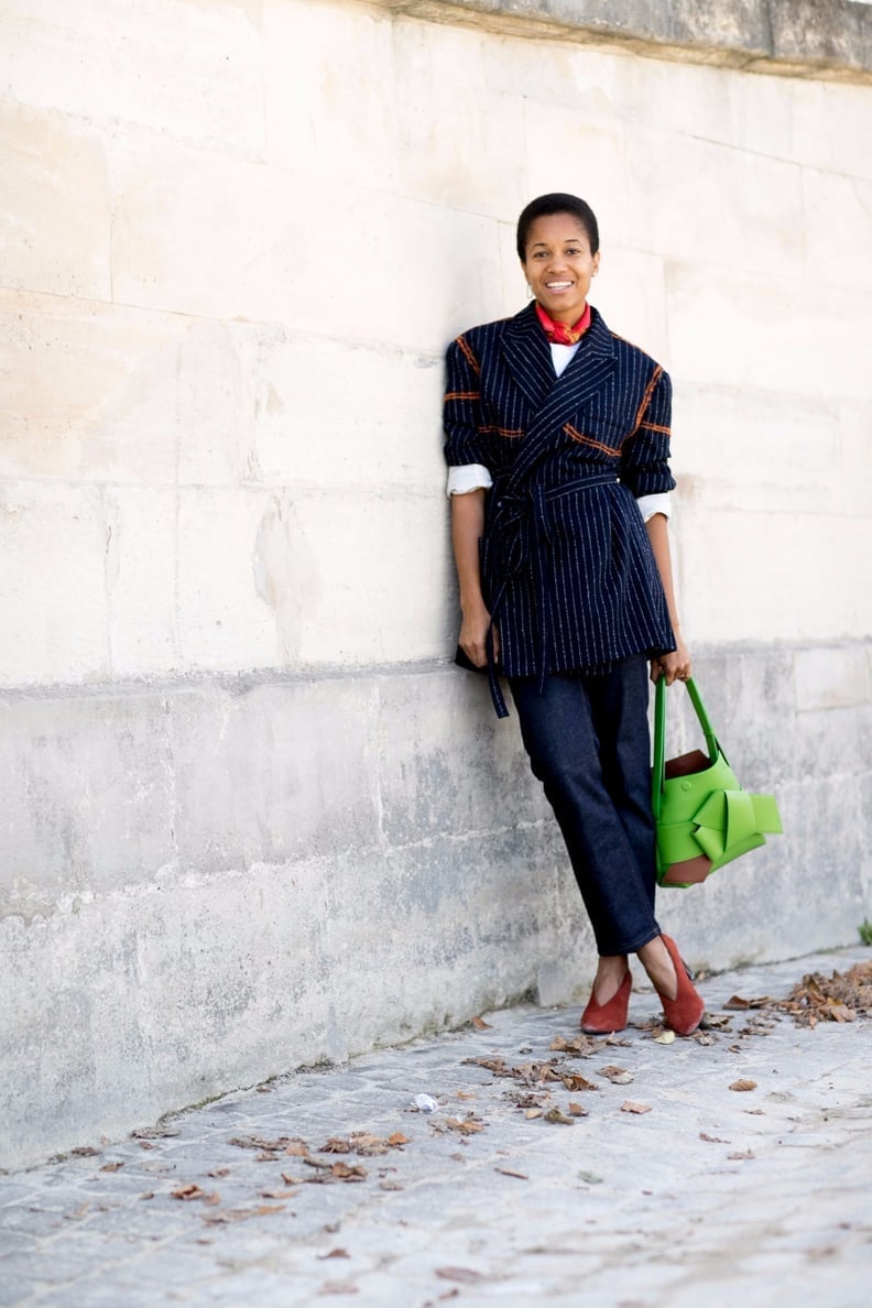 Pinstripe Wrap Blazer with Red Accents Pinstripe Wrap Blazer with Red Accents — Office Outfits