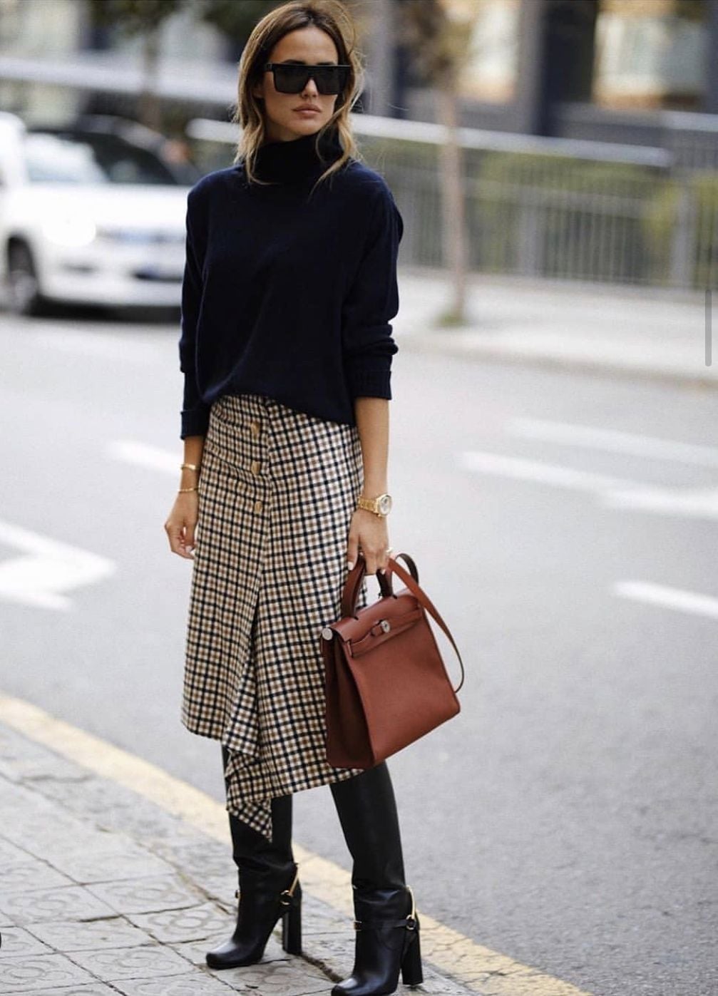 Navy Turtleneck with Plaid Midi Skirt Navy Turtleneck with Plaid Midi Skirt — Office Outfits