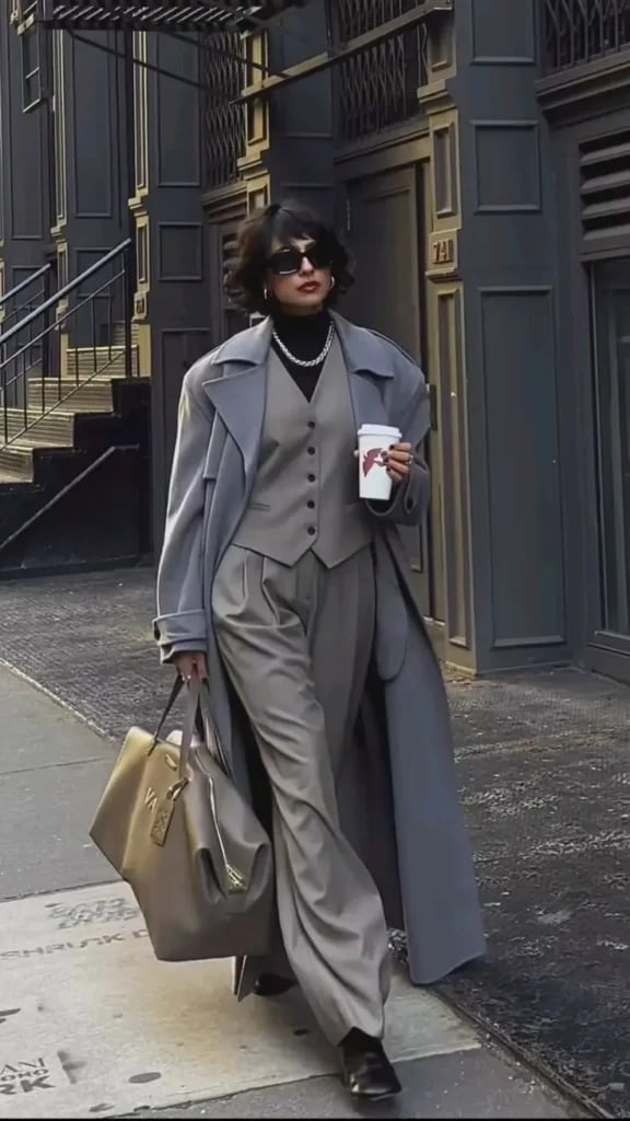 Oversized Gray Pantsuit With Trench Coat Oversized Gray Pantsuit With Trench Coat — Office Siren Outfits