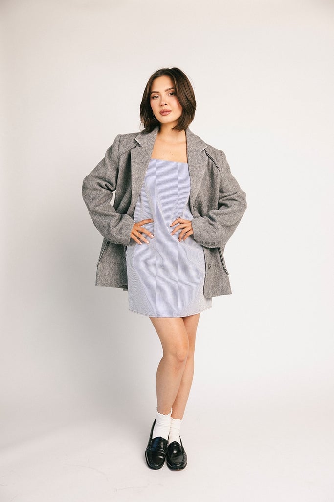 Oversized Gray Blazer Over Striped Mini Dress Oversized Gray Blazer Over Striped Mini Dress — Office Siren Outfits
