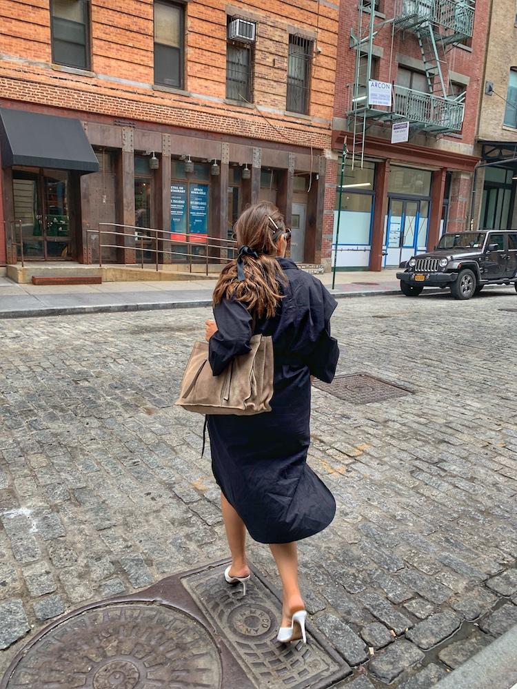 Black Oversized Trench Coat Over White Dress, Cotton Black Oversized Trench Coat Over White Dress, Cotton — Office Siren Outfits