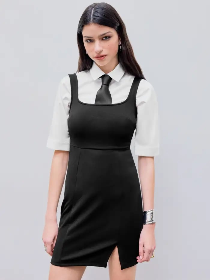 Black Pinafore Dress Over Collared Shirt Black Pinafore Dress Over Collared Shirt — Office Siren Outfits