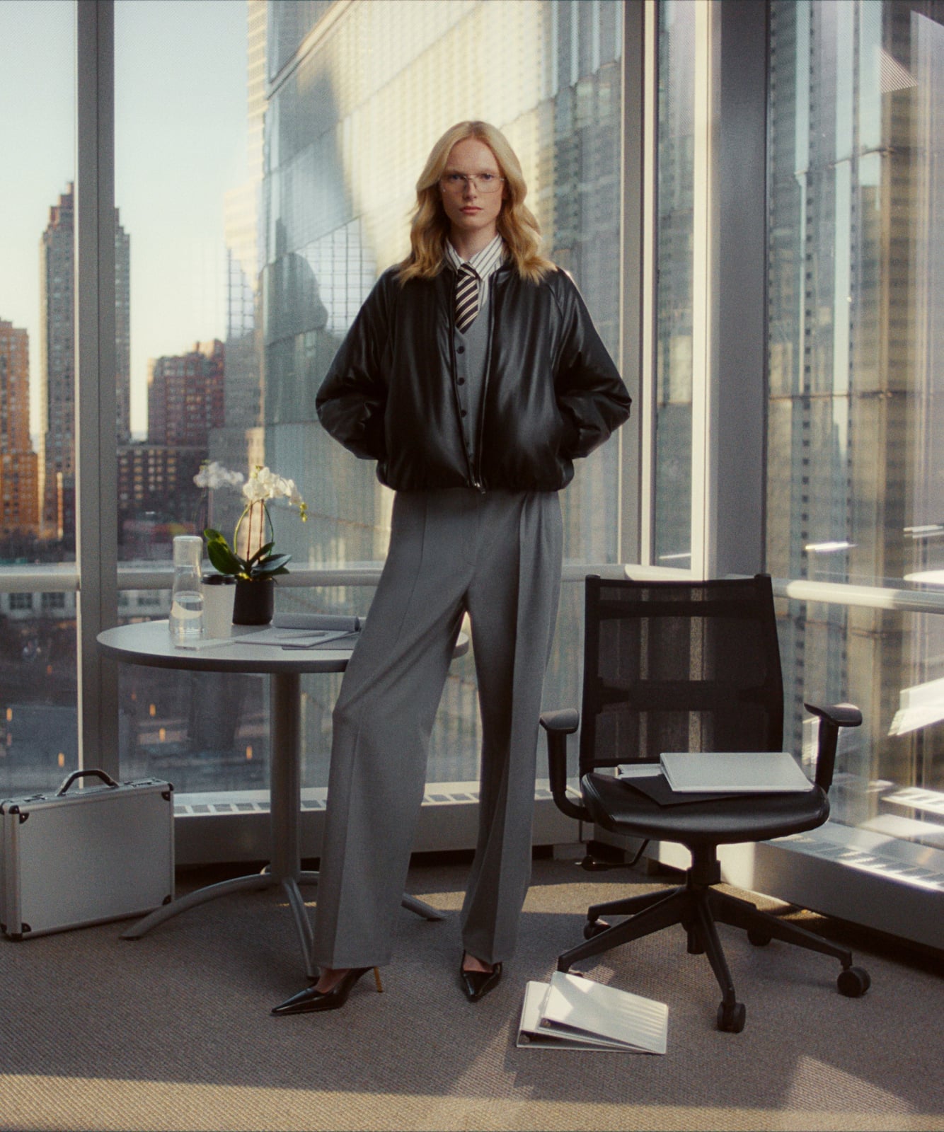 Leather Bomber Jacket Over Waistcoat And Trousers Leather Bomber Jacket Over Waistcoat And Trousers — Office Siren Outfits