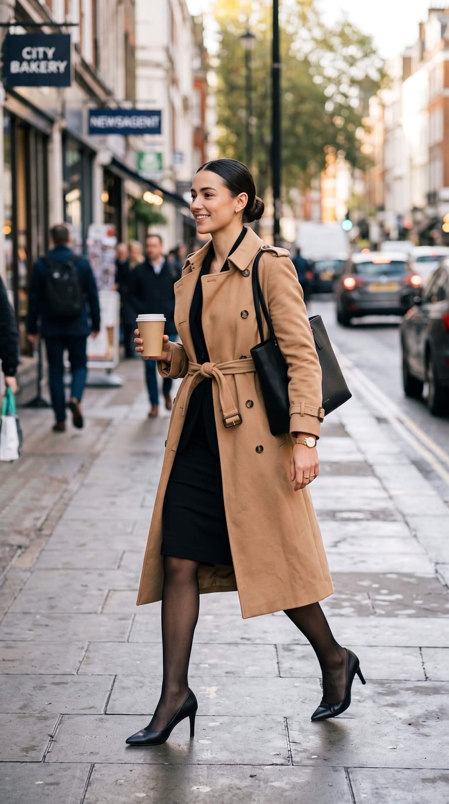 Camel Trench Coat Over Black Dress Camel Trench Coat Over Black Dress — Office Siren Outfits