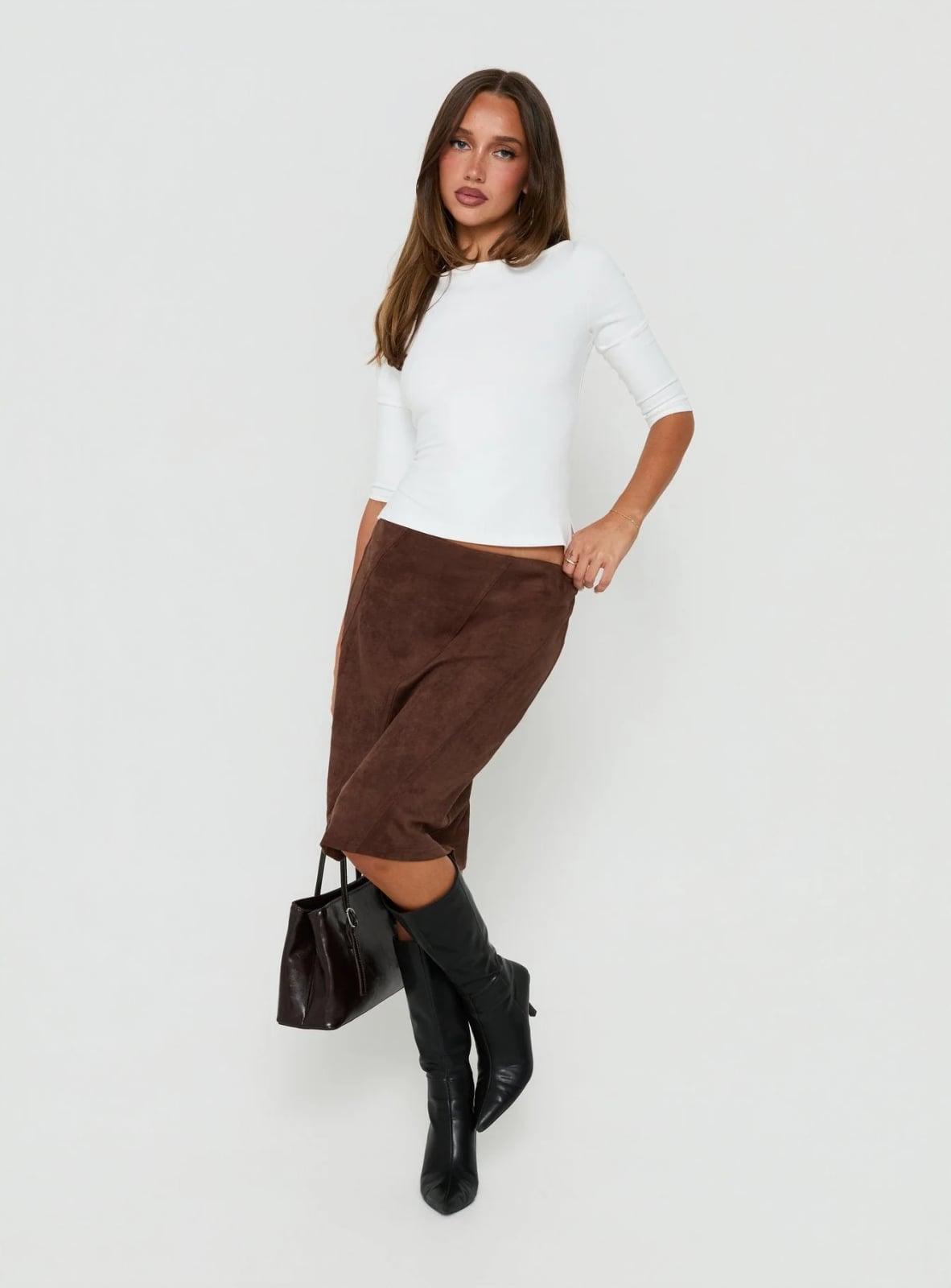 Faux Suede Midi Skirt With White Top Faux Suede Midi Skirt With White Top — Office Siren Outfits
