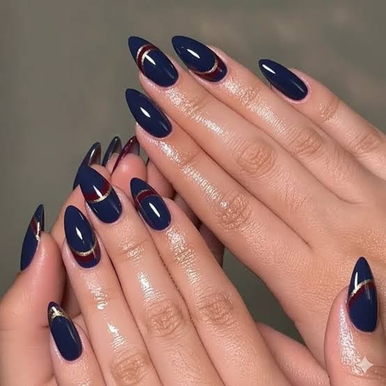 Navy Blue Long Sharp Almond Nails Navy Blue Long Sharp Almond Nails — Old Money Nails