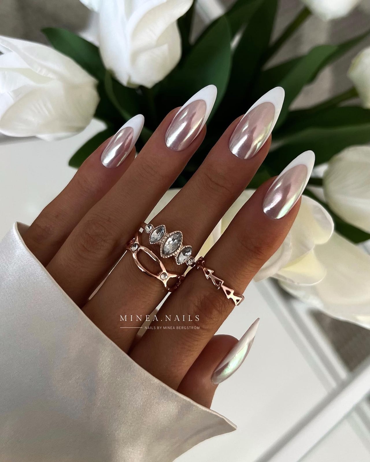 Pearlescent Chrome Long Almond Nails Pearlescent Chrome Long Almond Nails — Old Money Nails