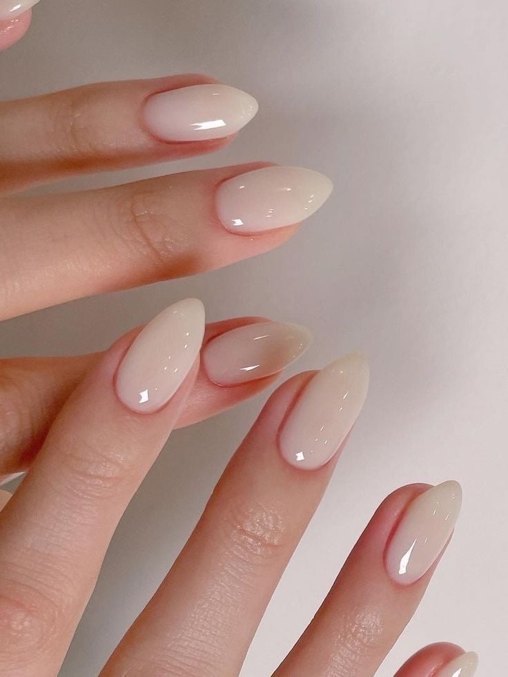 Milky Beige Sharp Almond Medium Nails Milky Beige Sharp Almond Medium Nails — Old Money Nails