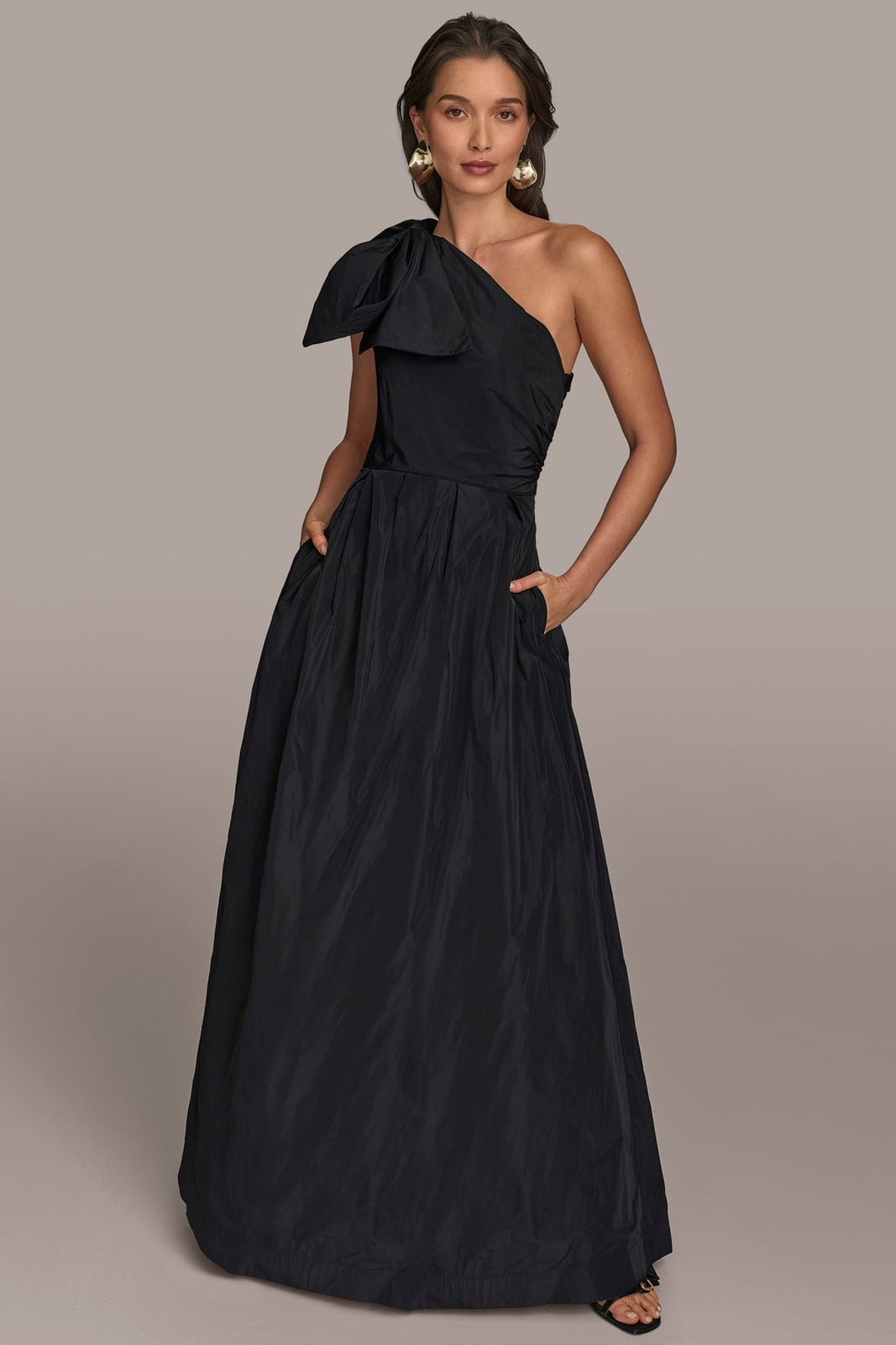 Black one shoulder ball gown with voluminous skirt and bow detail Black one shoulder ball gown with voluminous skirt and bow detail — One Shoulder Dresses