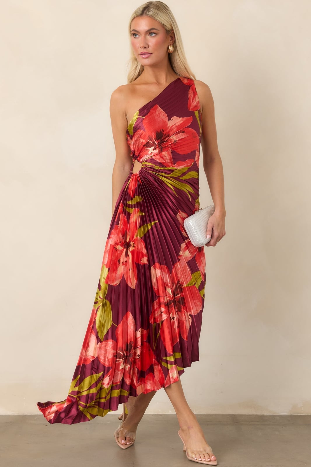 Floral print one shoulder midi dress with pleated skirt Floral print one shoulder midi dress with pleated skirt — One Shoulder Dresses
