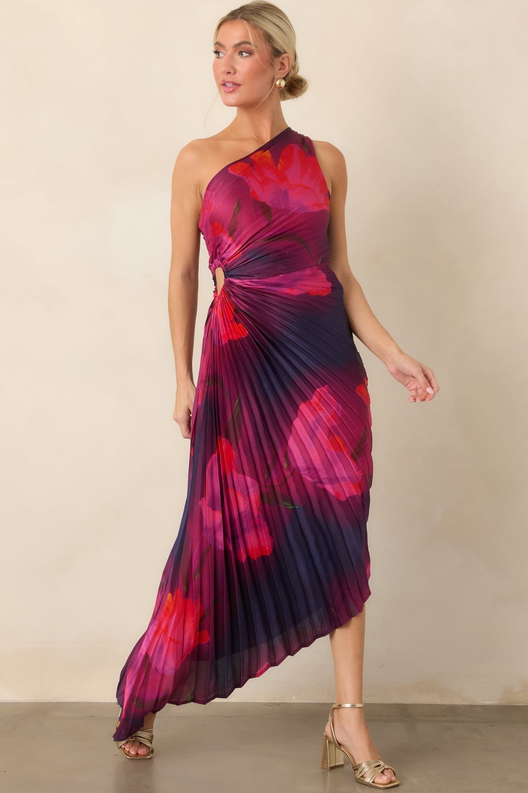 Pink purple navy red floral print one shoulder, Office-Safe Version Pink purple navy red floral print one shoulder, Office-Safe Version — One Shoulder Dresses