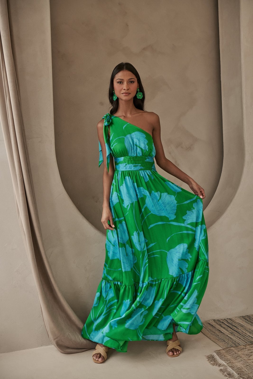 Green blue floral print one shoulder tiered maxi, Office-Safe Version Green blue floral print one shoulder tiered maxi, Office-Safe Version — One Shoulder Dresses
