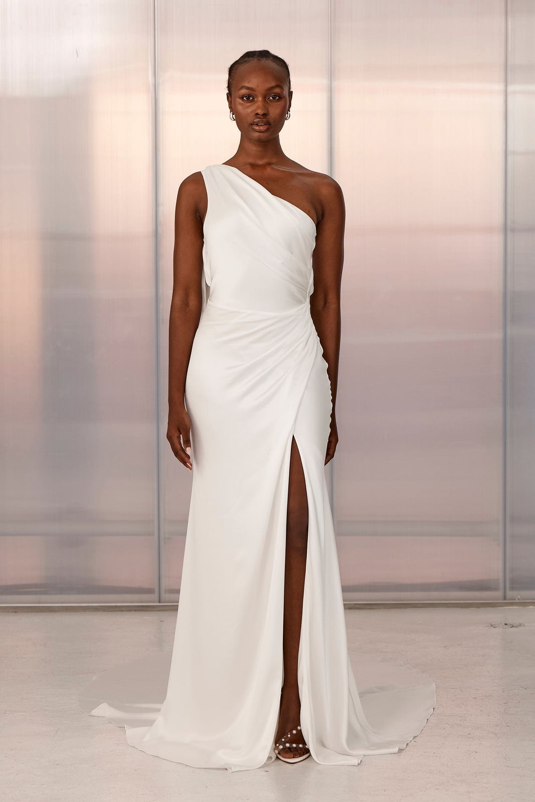 White draped satin one shoulder column maxi dress, Close-Up Take White draped satin one shoulder column maxi dress, Close-Up Take — One Shoulder Dresses