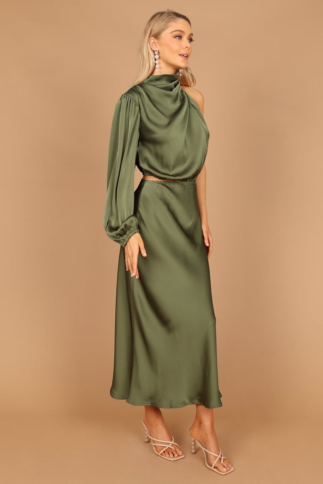 Olive green satin one shoulder midi dress with bishop sleeve and waist Olive green satin one shoulder midi dress with bishop sleeve and waist — One Shoulder Dresses